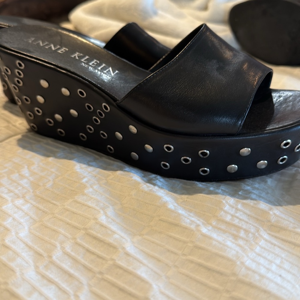 Anne Klein Black Platform Slides with Silver Accents - Picture 4 of 5